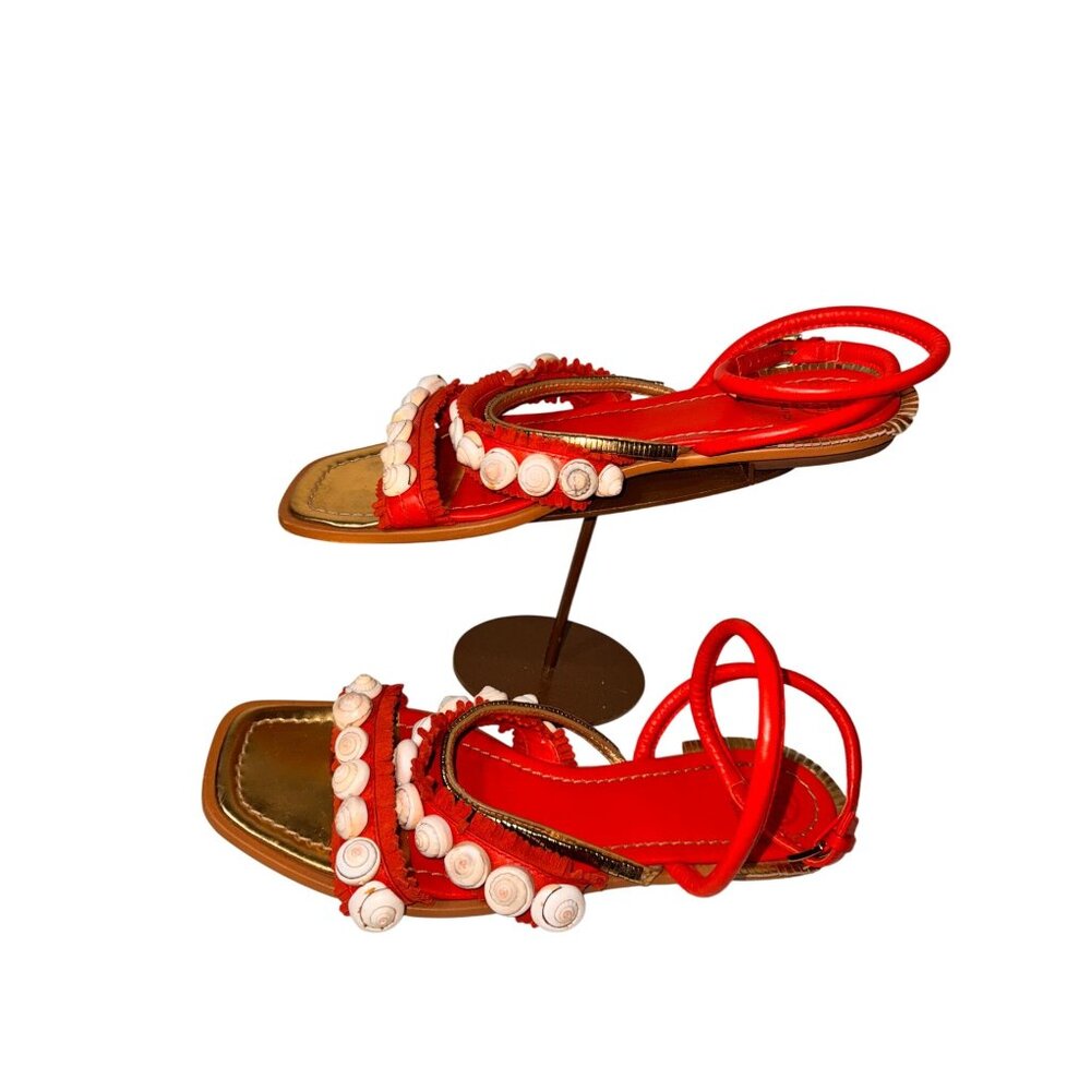 Tory Burch Shell Embellished Red Strappy Sandals Gold Accents Size 9 - Picture 3 of 6